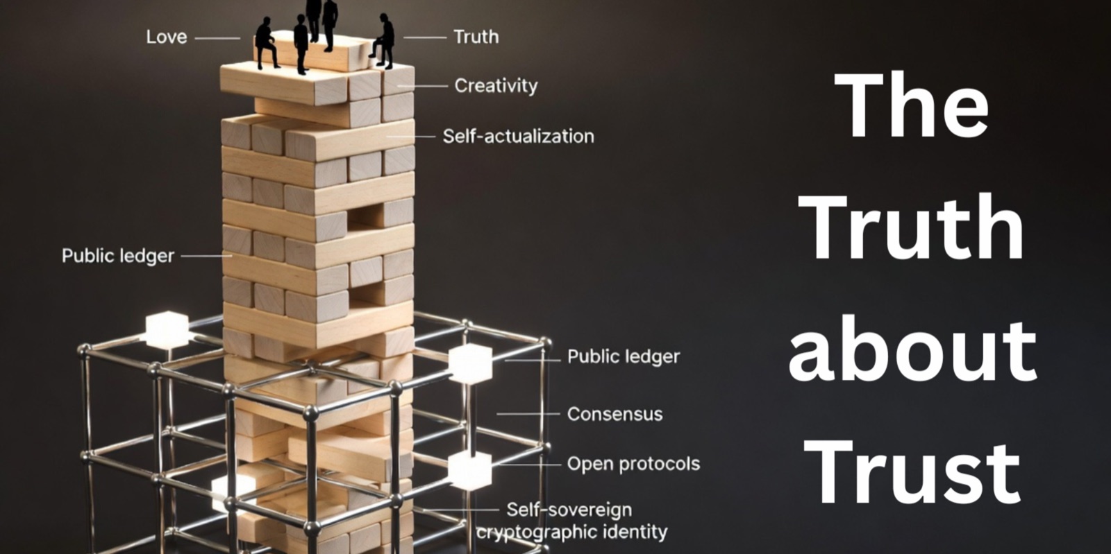 A Jenga tower of wooden blocks labelled love, truth, creativity, self-actualization and public ledger, with small human figures standing on top, rising from a steel lattice base labelled public ledger, consensus, open protocols and self-sovereign cryptographic identity.