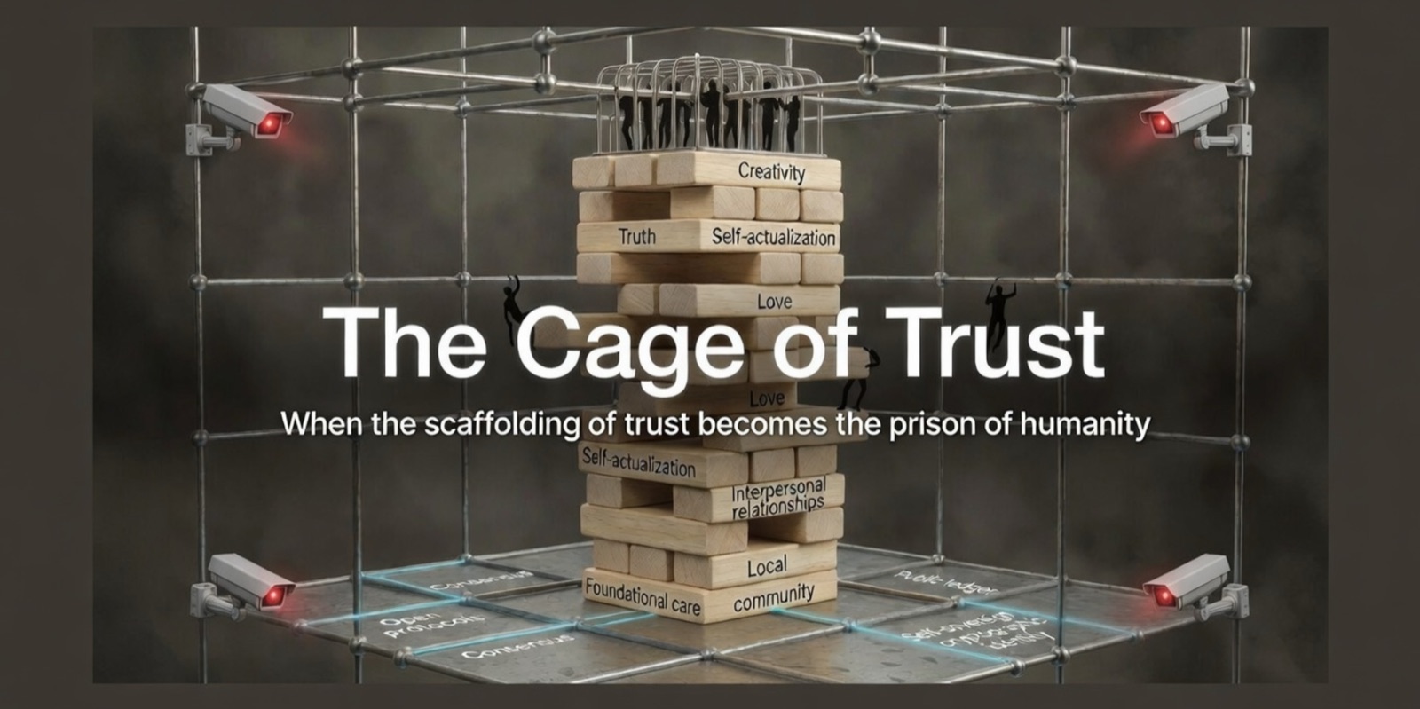 The same Jenga tower of labelled blocks, now enclosed in a steel cage with CCTV cameras watching from all four corners and small human figures trapped in a smaller cage on top. Overlaid text reads The Cage of Trust, when the scaffolding of trust becomes the prison of humanity.