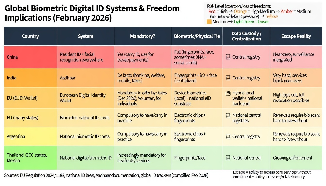 A colour-coded table comparing biometric digital ID systems in China, India, the EU, Argentina, Thailand, the GCC states and Mexico, scoring each on whether it is mandatory, what it ties to the body, who holds the data, and how possible it is to live without it. The same figures are in the table below.