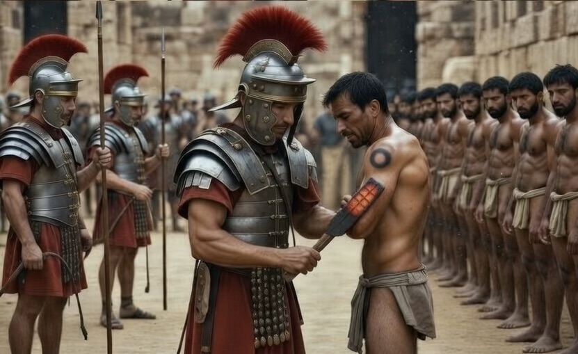 A Roman soldier pressing a hot brand onto the upper arm of a stripped man, who looks down at it. A line of other men waits its turn along a wall, with armoured soldiers holding spears standing guard.